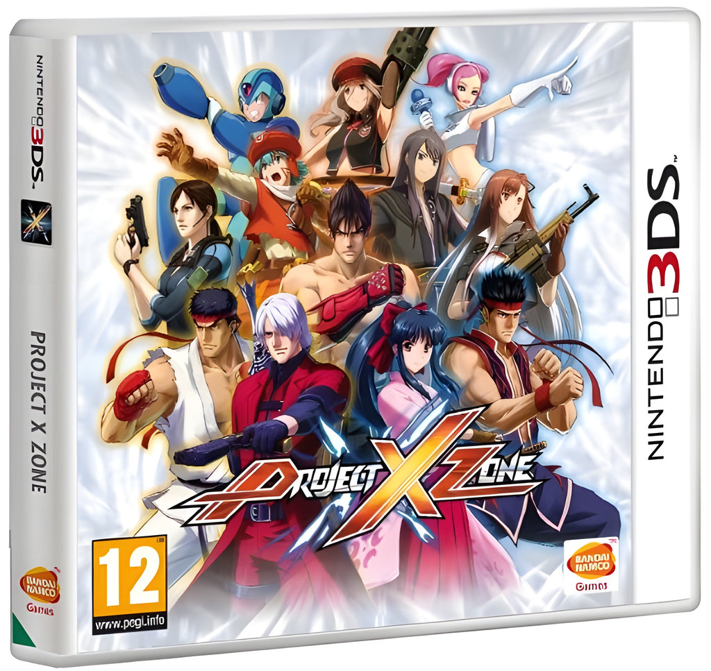 Das Cover von Project X Zone für Nintendo 3DS zeigt viele Anime-Figuren und das PEGI-Siegel ab 12.