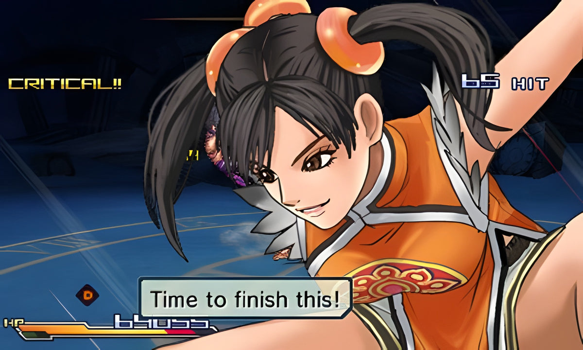 Chun-Li führt in Project X Zone einen mächtigen Angriff aus, mit Textfeldern im Bild.