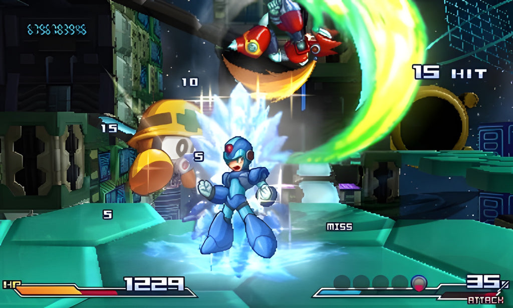 Mega Man greift in Project X Zone mit einer Eisattacke einen Gegner in einer Sci-Fi-Umgebung an.