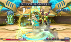 Zwei Charaktere kämpfen in Project X Zone mit goldenen Ketten und einem großen Hamster-Gegner.