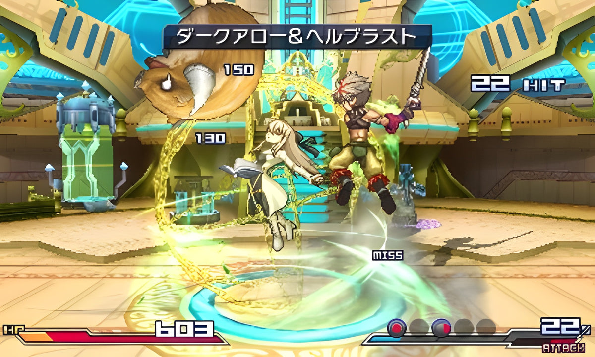 Zwei Charaktere kämpfen in Project X Zone mit goldenen Ketten und einem großen Hamster-Gegner.
