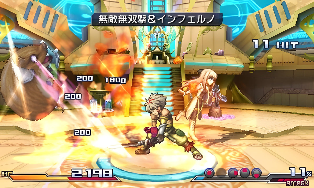 Ein Charakter führt in Project X Zone einen Feuerangriff gegen einen großen Hamster-Gegner aus.