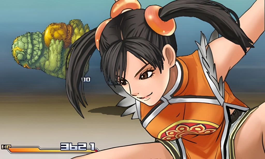 In Project X Zone kämpft Chun-Li mit einem Tritt gegen einen grünen, steinartigen Gegner.