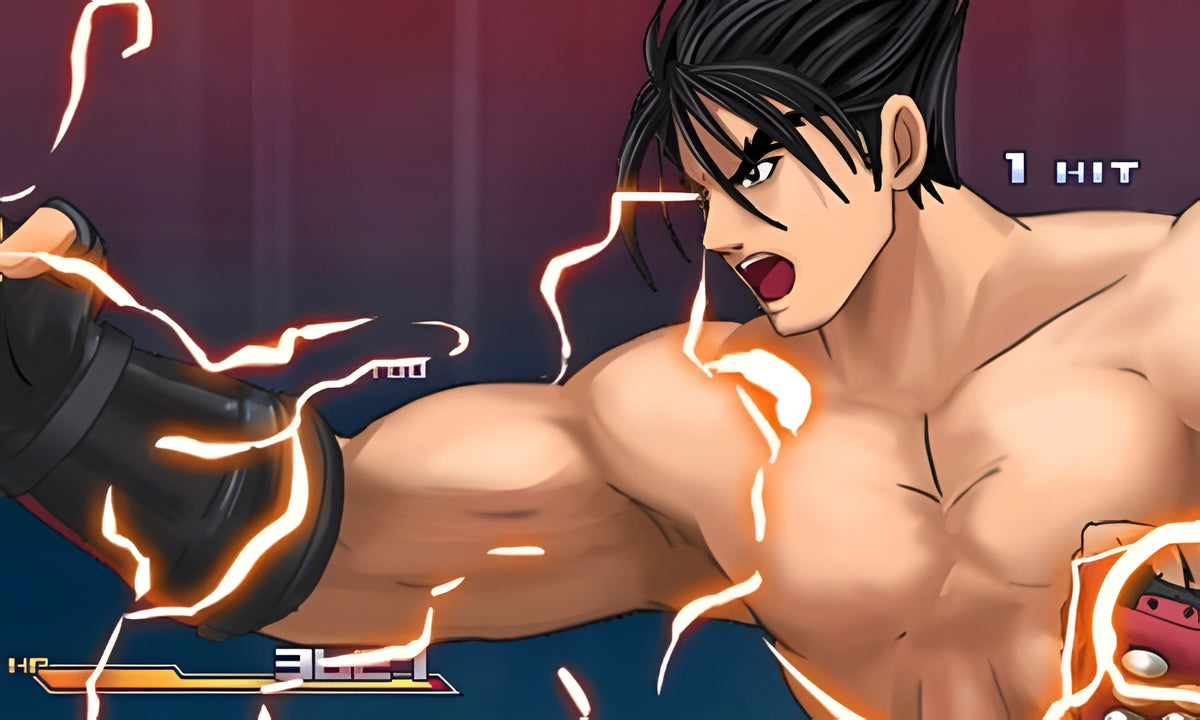 Eine Kampfszene aus Project X Zone zeigt Jin Kazama mit leuchtenden Fäusten im Angriff.