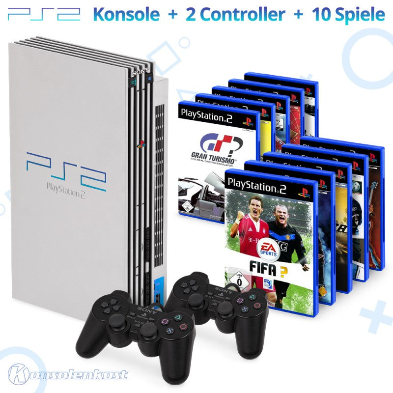 MegaSet: Konsole + 10 Spiele + 2 Original Controller + Zubehör silber