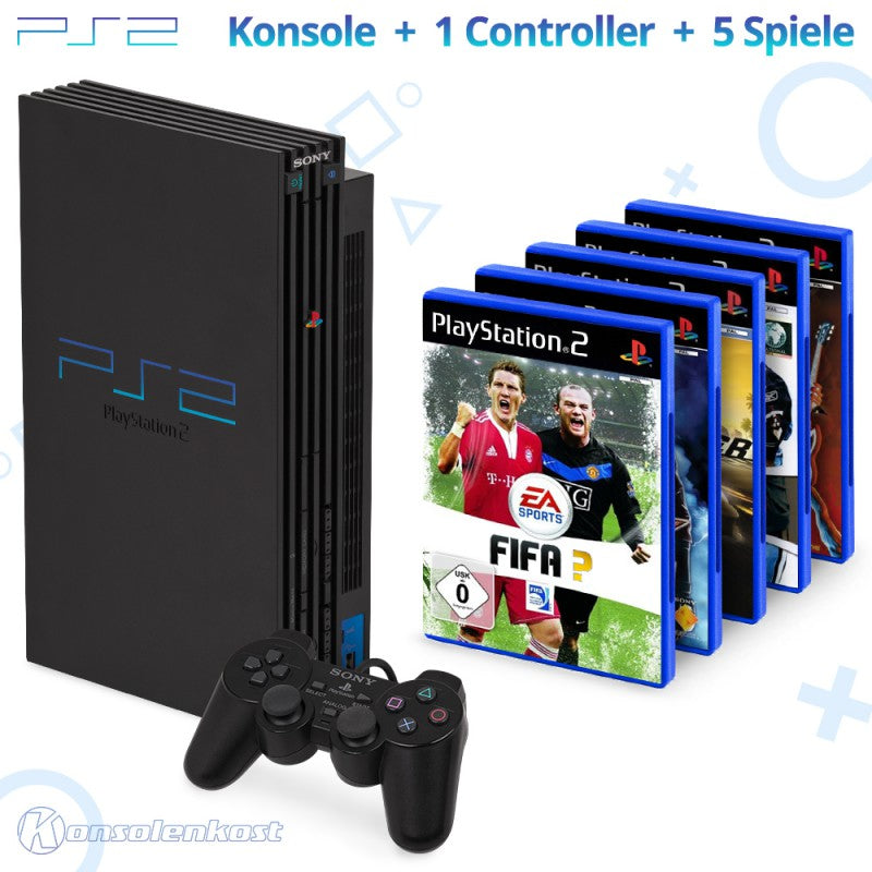 MegaSet: Konsole + 5 Spiele + Original Controller + Zubehör schwarz