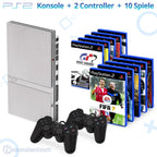 MegaSet: Konsole Slim + 10 Spiele + 2 Original Controller + Zubehör silber