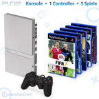 MegaSet: Konsole Slim + 5 Spiele + Original Controller + Zubehör silber