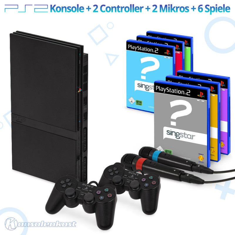 MegaSet: Konsole Slim + 6 SingStar Spiele + 2 Mikros + 2 Original Controller + Zubehör schwarz