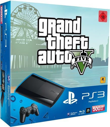 Konsole Super Slim 500GB schwarz + Grand Theft Auto 5 + Original Controller