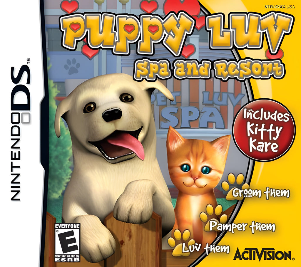 Das Cover von Puppy Luv: Spa and Resort für Nintendo DS zeigt einen Hund und eine Katze, USK ab E.