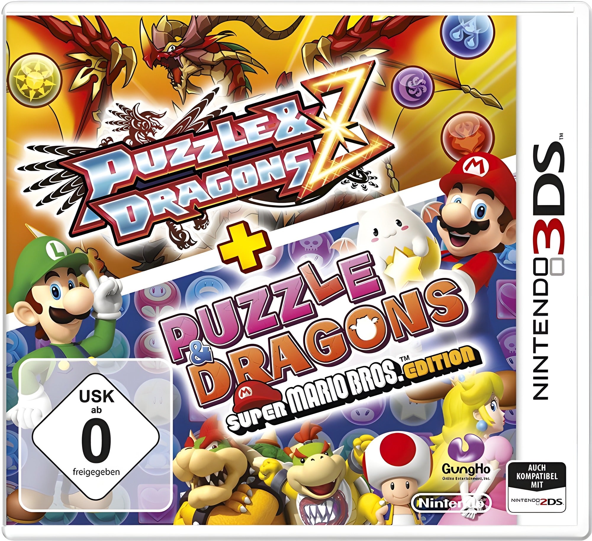 Das Cover von Puzzle & Dragons Z + Puzzle & Dragons Super Mario Bros. Edition zeigt Mario, Luigi und andere Charaktere.