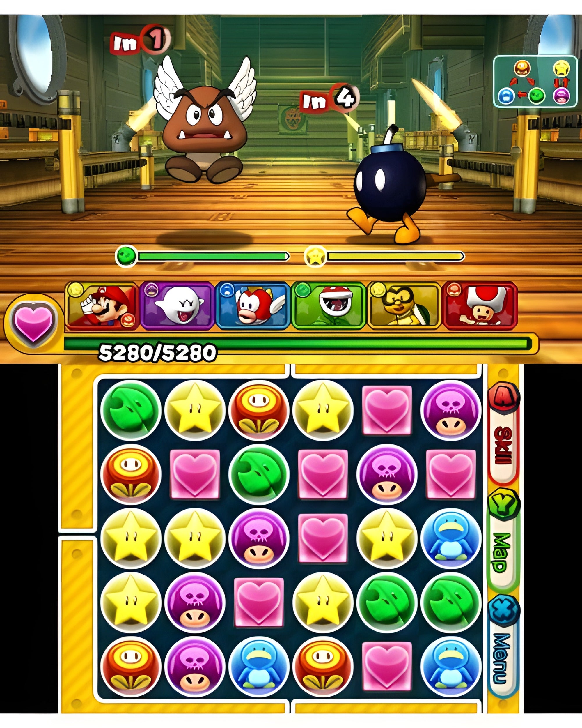 In Puzzle & Dragons Z + Puzzle & Dragons Super Mario Bros. Edition für Nintendo 3DS kämpfen Goomba und Bob-omb.