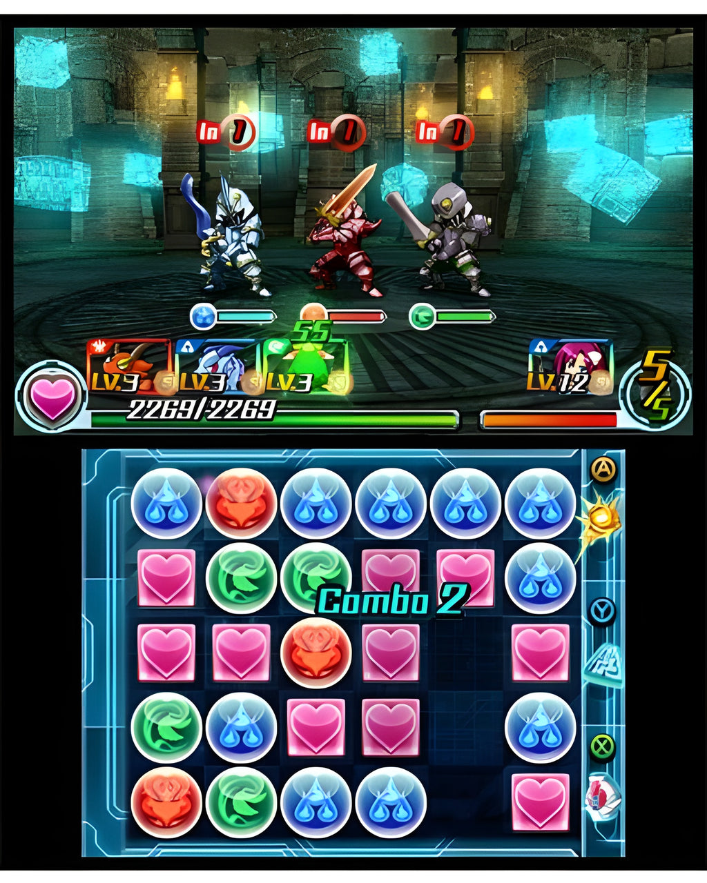 Drei Ritter kämpfen in Puzzle & Dragons Z + Puzzle & Dragons Super Mario Bros. Edition für Nintendo 3DS in einem Dungeon.