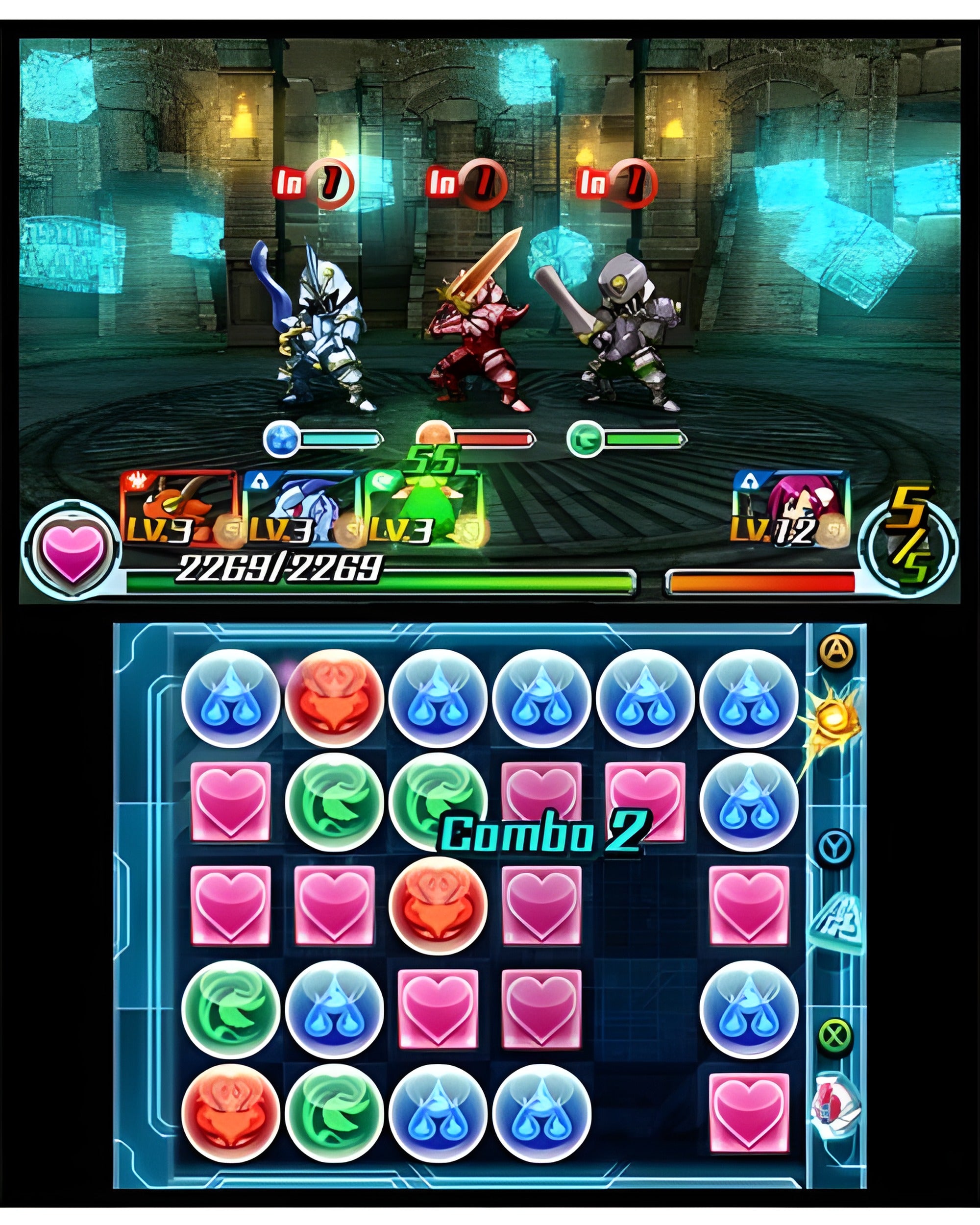 Drei Ritter kämpfen in Puzzle & Dragons Z + Puzzle & Dragons Super Mario Bros. Edition für Nintendo 3DS in einem Dungeon.