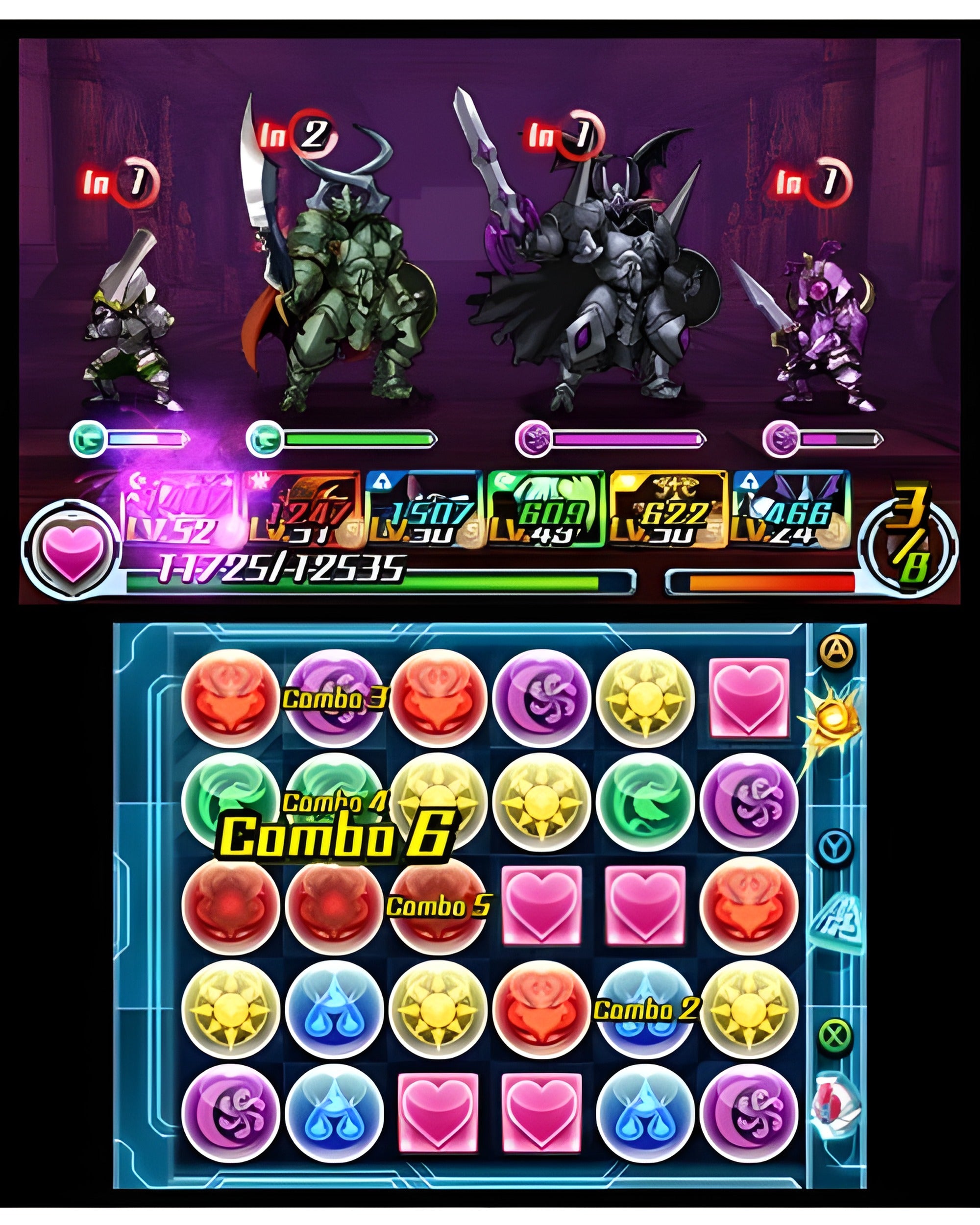 In Puzzle & Dragons Z + Puzzle & Dragons Super Mario Bros. Edition für Nintendo 3DS kämpfen vier Figuren.