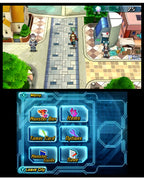Puzzle & Dragons Z + Puzzle & Dragons Super Mario Bros. Edition für Nintendo 3DS zeigt eine Stadtansicht mit Menü.