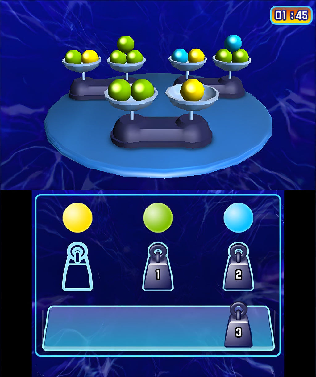 In Puzzler Mind Gym 3D werden auf dem oberen Bildschirm Kugeln auf Waagen sortiert.