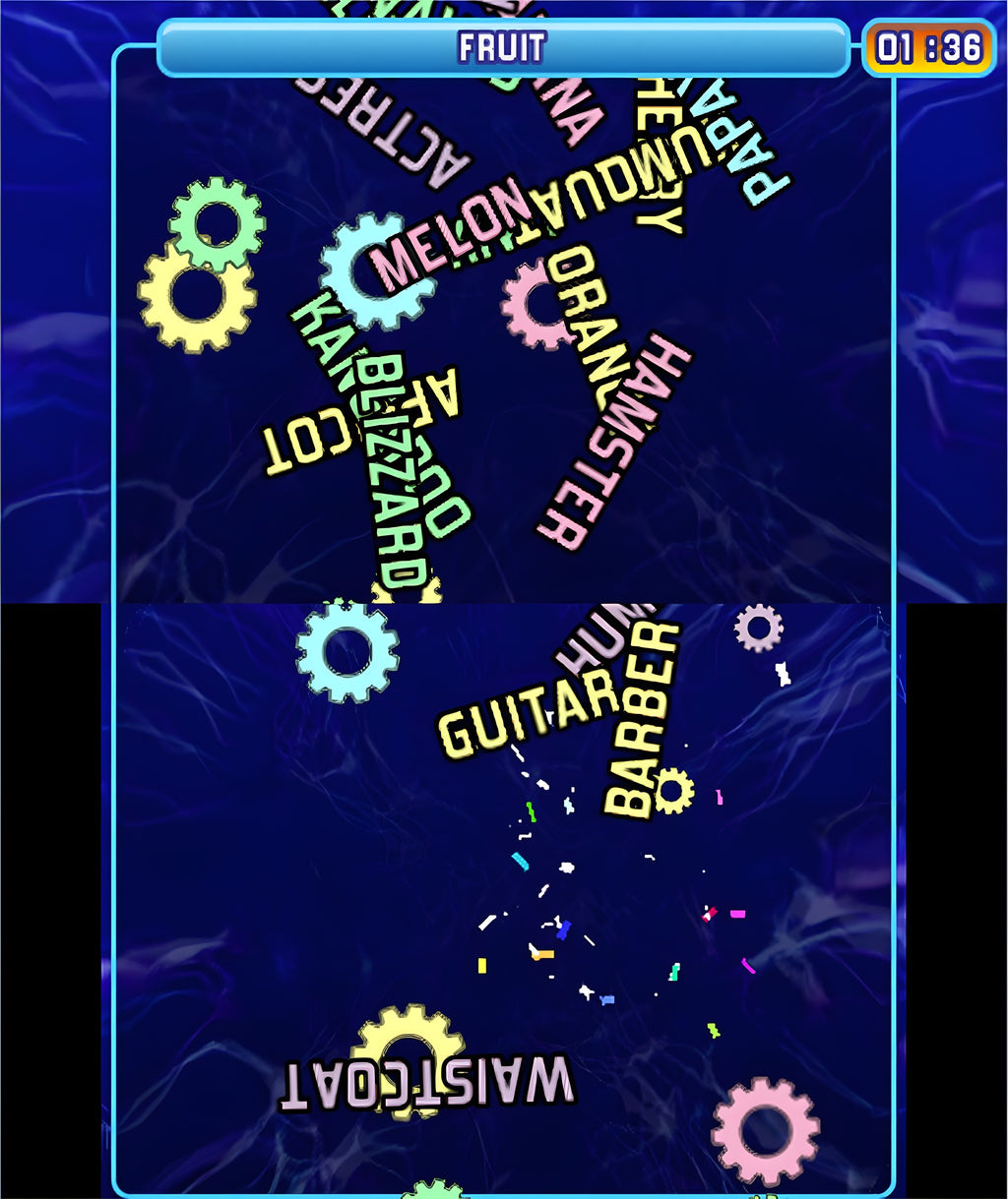 Puzzler Mind Gym 3D zeigt einen Wortsalat mit Zahnrädern auf beiden Bildschirmen.