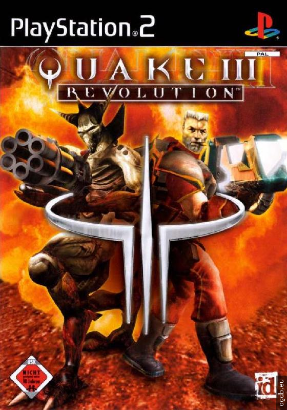 Das Cover von Quake 3: Revolution für PS2 zeigt zwei bewaffnete Figuren vor einem feurigen Hintergrund, mit USK ab 18.
