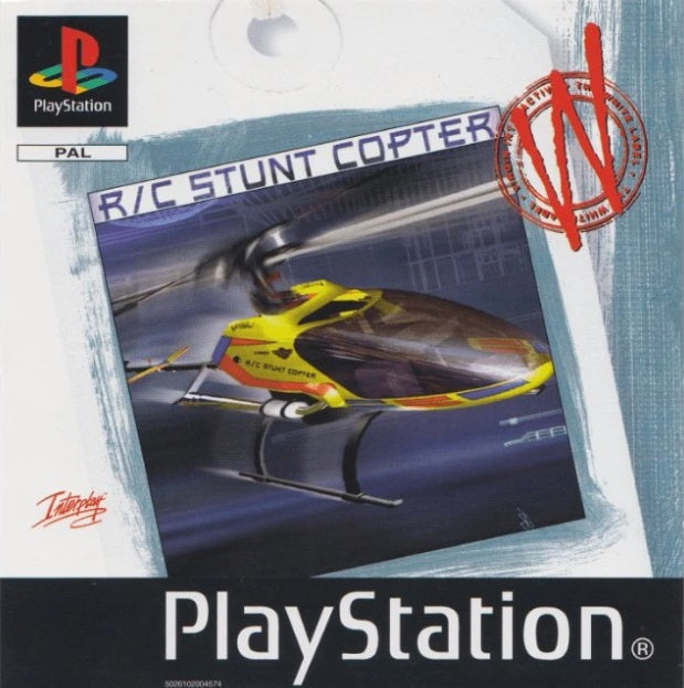 Das Cover von R/C Stunt Copter White Label für PS1 zeigt einen gelben Modellhubschrauber vor blauem Hintergrund.