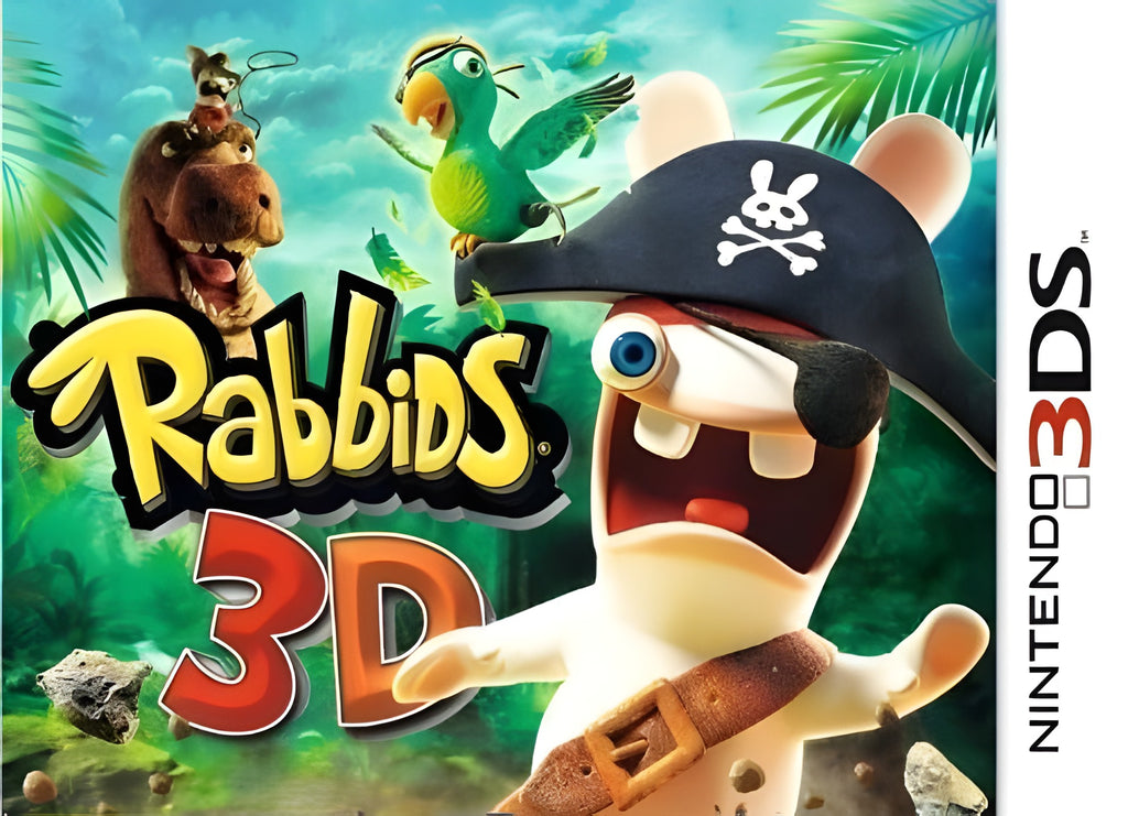 Das Cover von Rabbids 3D für Nintendo 3DS zeigt einen Piraten-Rabbid, einen Dinosaurier und einen Papagei.