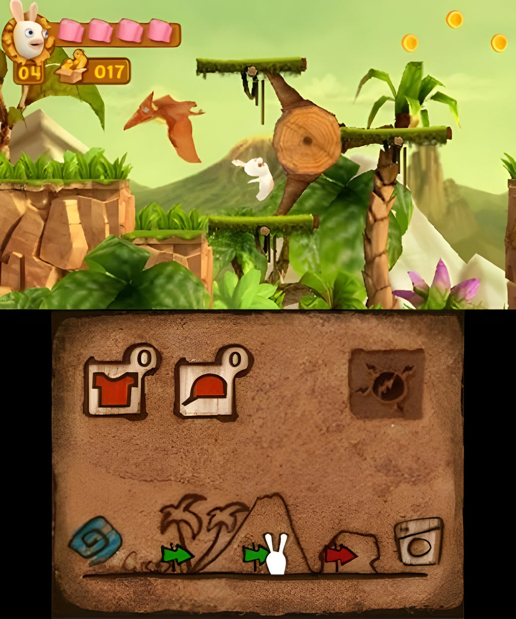 In Rabbids 3D springt ein Rabbid über Plattformen, während ein Flugsaurier vorbeifliegt; unten eine Karte.