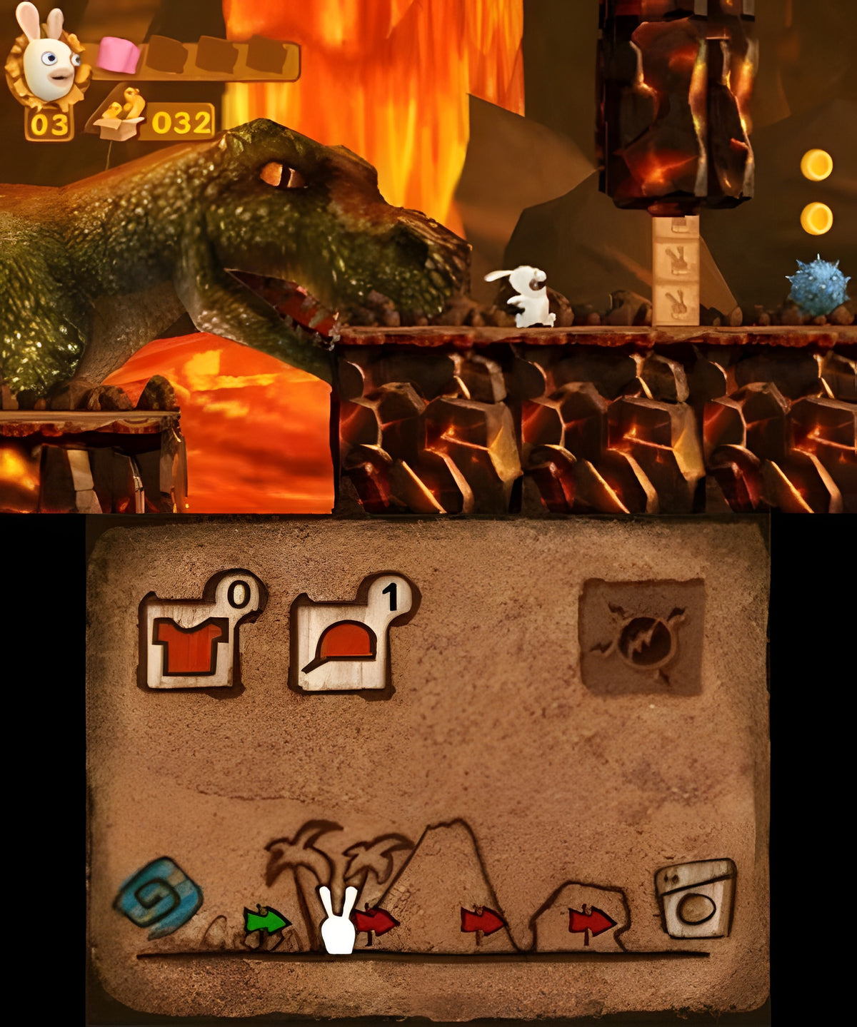 Ein Rabbid begegnet in Rabbids 3D einem T-Rex vor einem Lavastrom, die DS-Anzeige ist zu sehen.