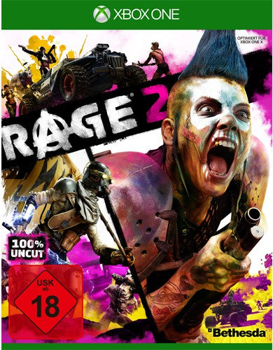 Das Cover von Rage 2 für Xbox One zeigt eine punkige Figur mit blauem Irokesen und das USK ab 18 Siegel.