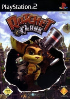 Das Cover von Ratchet & Clank 1 für PlayStation 2 zeigt Ratchet und Clank vor einer Stadtkulisse, USK ab 6.