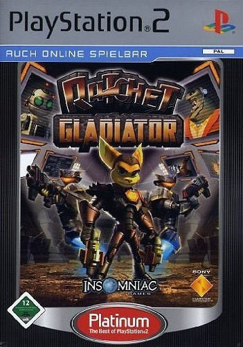 Das Cover von Ratchet: Gladiator für die PlayStation 2 zeigt den Titelhelden mit zwei Klonen und dem USK ab 12 Siegel.