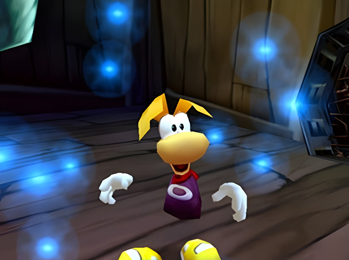 Rayman 3D zeigt Rayman, wie er auf einem Holzfußboden sitzt und von blauen Lichtpunkten umgeben ist.