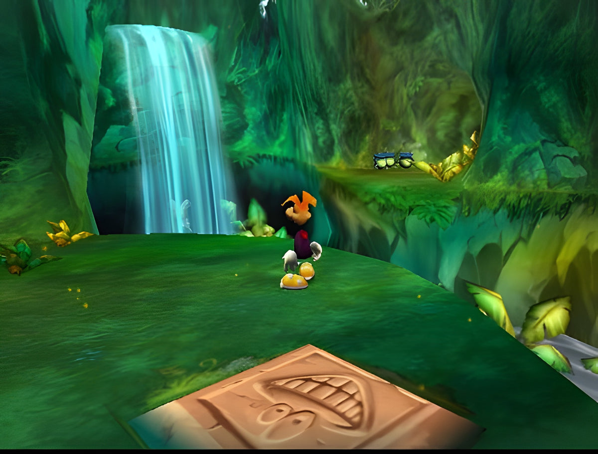 In Rayman 3D steht Rayman vor einem Wasserfall in einer grünen Dschungellandschaft.