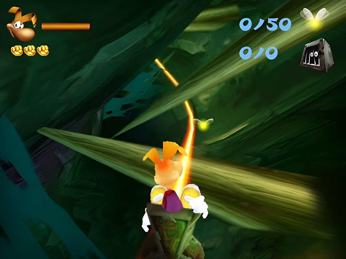 Rayman 3D zeigt Rayman auf einer schwebenden Plattform in einer grünen Höhle.