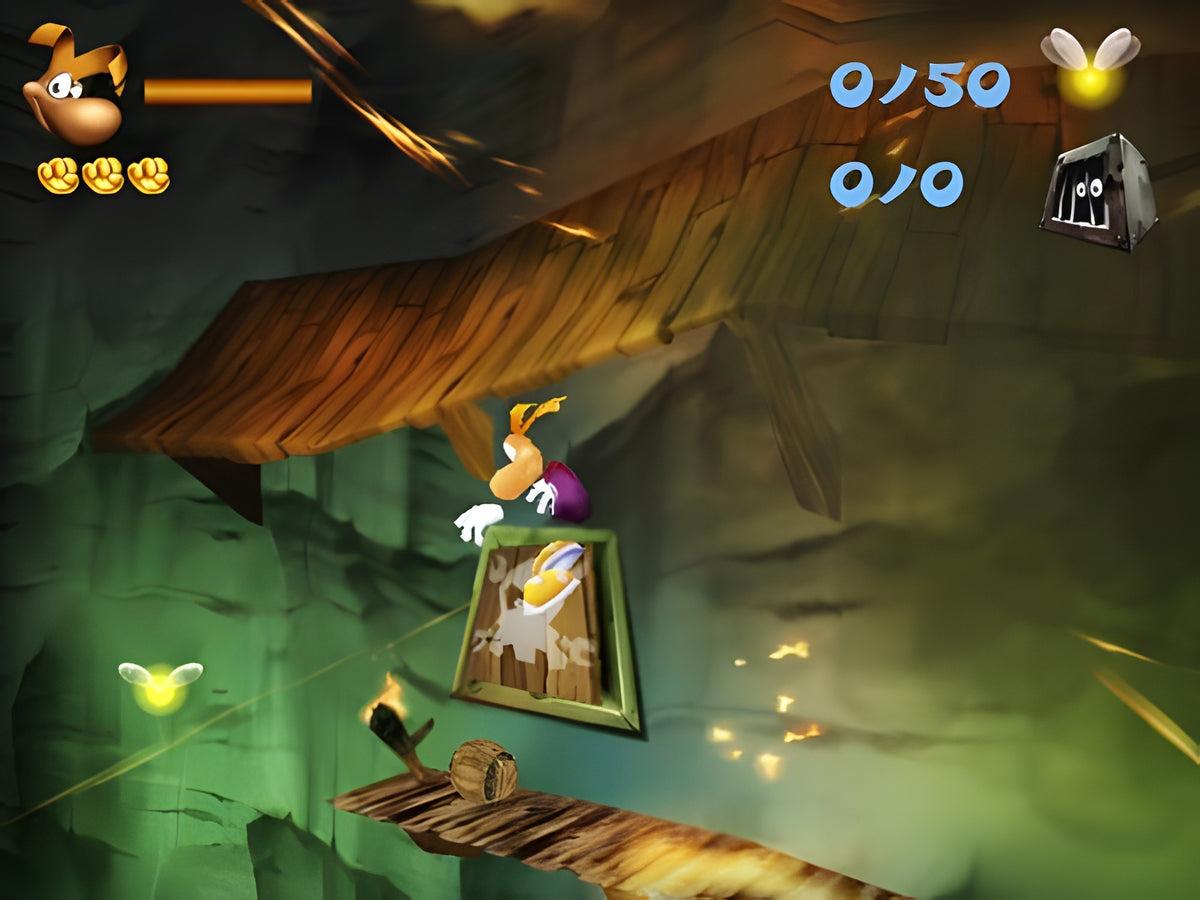 In Rayman 3D springt Rayman über eine Holzplattform in einer dunklen Höhle.