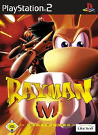 Das Cover von Rayman M für PlayStation 2 zeigt Rayman und einen Gegner vor einem roten Hintergrund, USK ab 0.