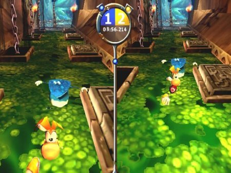 Drei Rayman-Charaktere rennen auf einer Strecke mit grünem, schleimigem Boden und Holzstrukturen.
