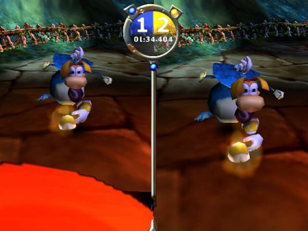 Zwei Rayman-Charaktere stehen nebeneinander auf einem braunen Untergrund mit roter Lava.