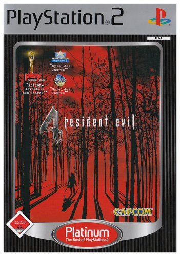 Die Verpackungsvorderseite von Resident Evil 4 für PS2 zeigt eine dunkle Waldszene mit einer Silhouette.
