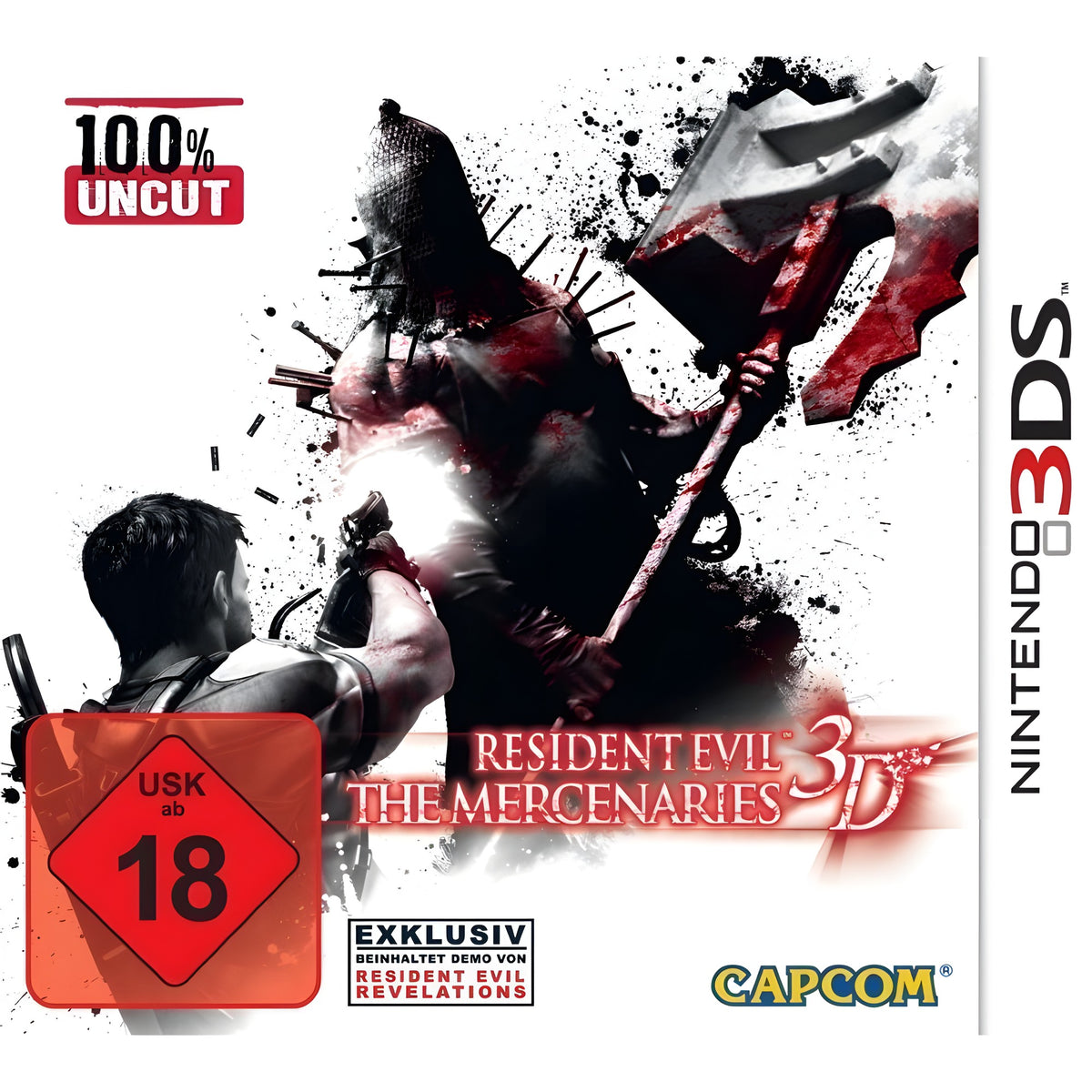 Das Cover von Resident Evil: The Mercenaries 3D zeigt einen Henker mit Axt und PEGI 15 Siegel.