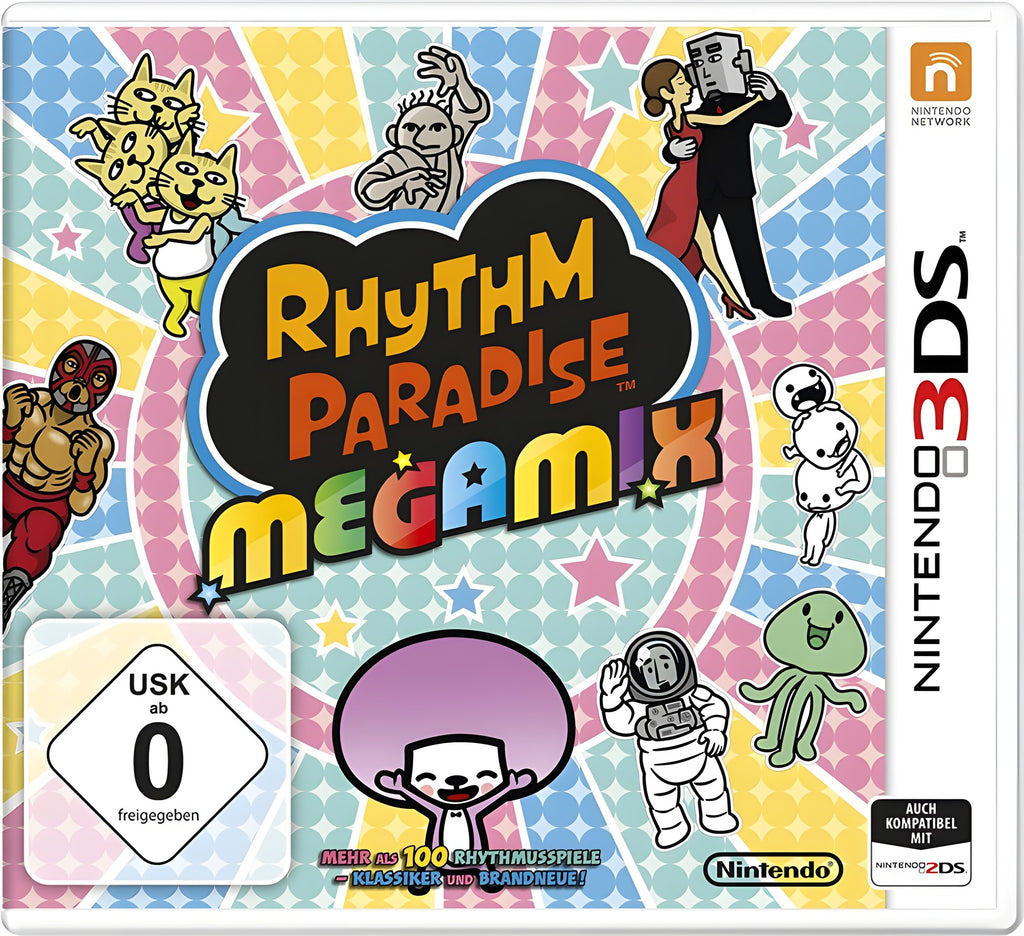 Das Cover von Rhythm Paradies: Megamix für Nintendo 3DS zeigt viele bunte Figuren und das USK-Siegel ab 0.