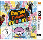 Das Cover von Rhythm Paradies: Megamix für Nintendo 3DS zeigt viele bunte Figuren und das USK-Siegel ab 0.