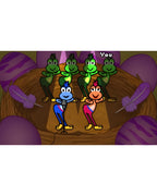 Eine Frosch-Band tritt in Rhythm Paradise: MegaMix auf einer Bühne mit lila Eiern auf.