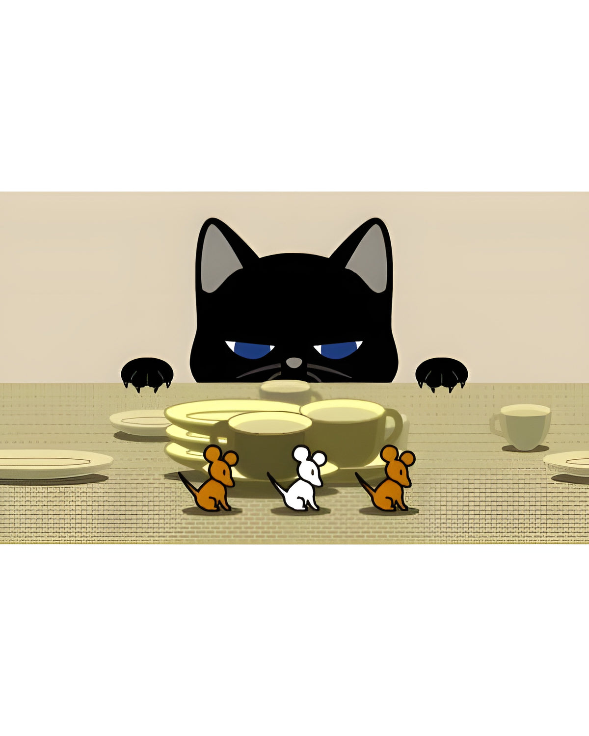 Eine schwarze Katze beobachtet in Rhythm Paradise: MegaMix drei Mäuse auf einem Tisch.