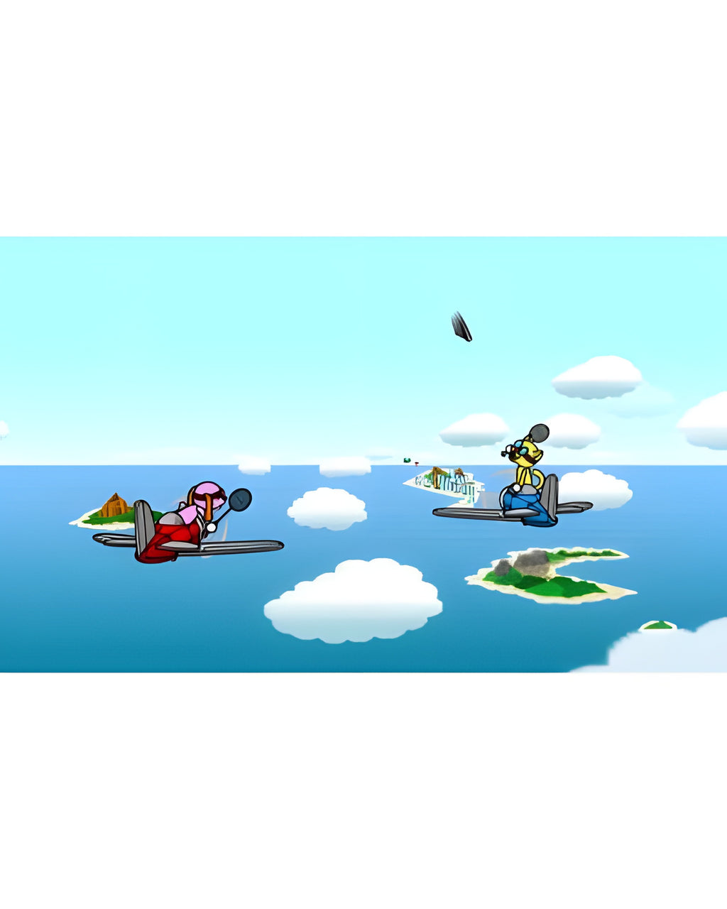 Zwei kleine Flugzeuge fliegen in Rhythm Paradise: MegaMix über Inseln im Meer.