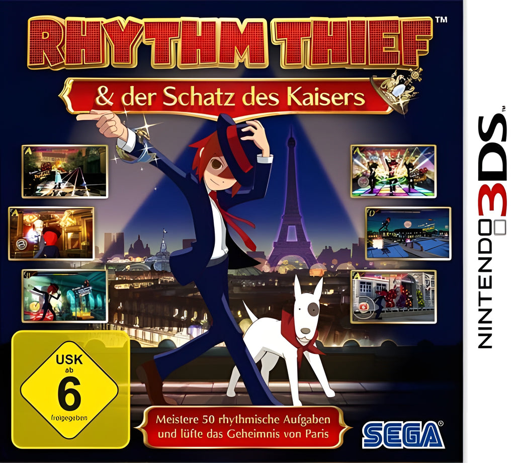 Rhythm Thief und der Schatz des Kaisers zeigt den Hauptcharakter mit seinem Hund vor der Pariser Skyline und Spielszenen.