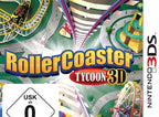 RollerCoaster Tycoon 3D zeigt eine Achterbahn im Freizeitpark auf dem oberen Bildschirm und eine Parkkarte unten.