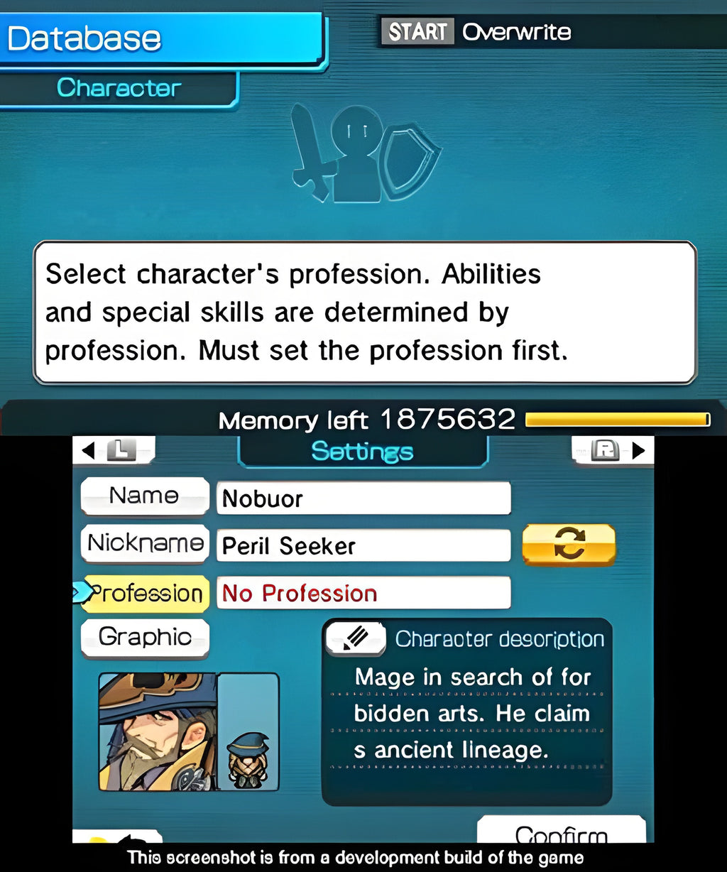 In RPG Maker Fes wird ein Charakter mit Name, Spitzname und Beruf erstellt.
