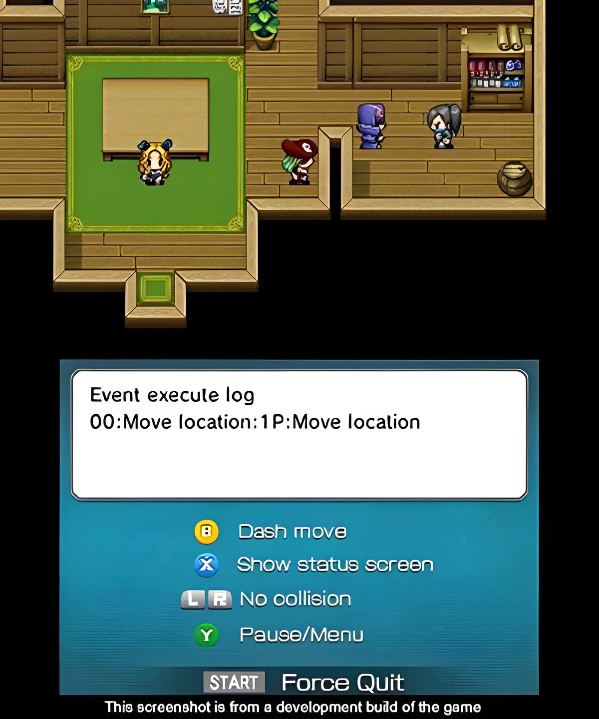 In RPG Maker Fes sind drei Charaktere in einem Haus mit Holzfußboden zu sehen.