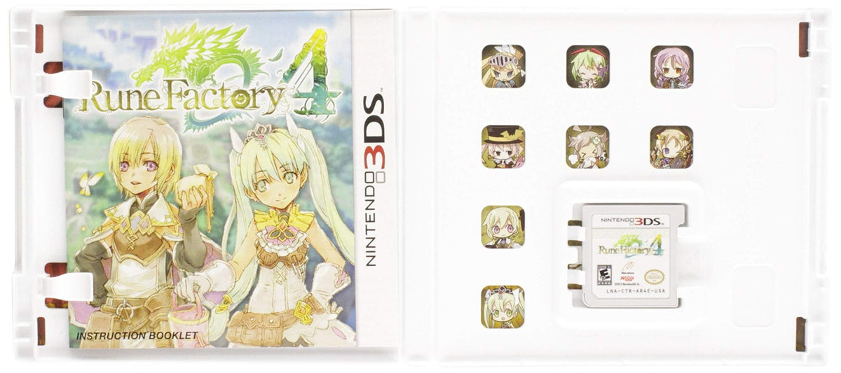 Die geöffnete Hülle von Rune Factory 4 zeigt links die Anleitung und rechts das Modul mit Charakterbildern.